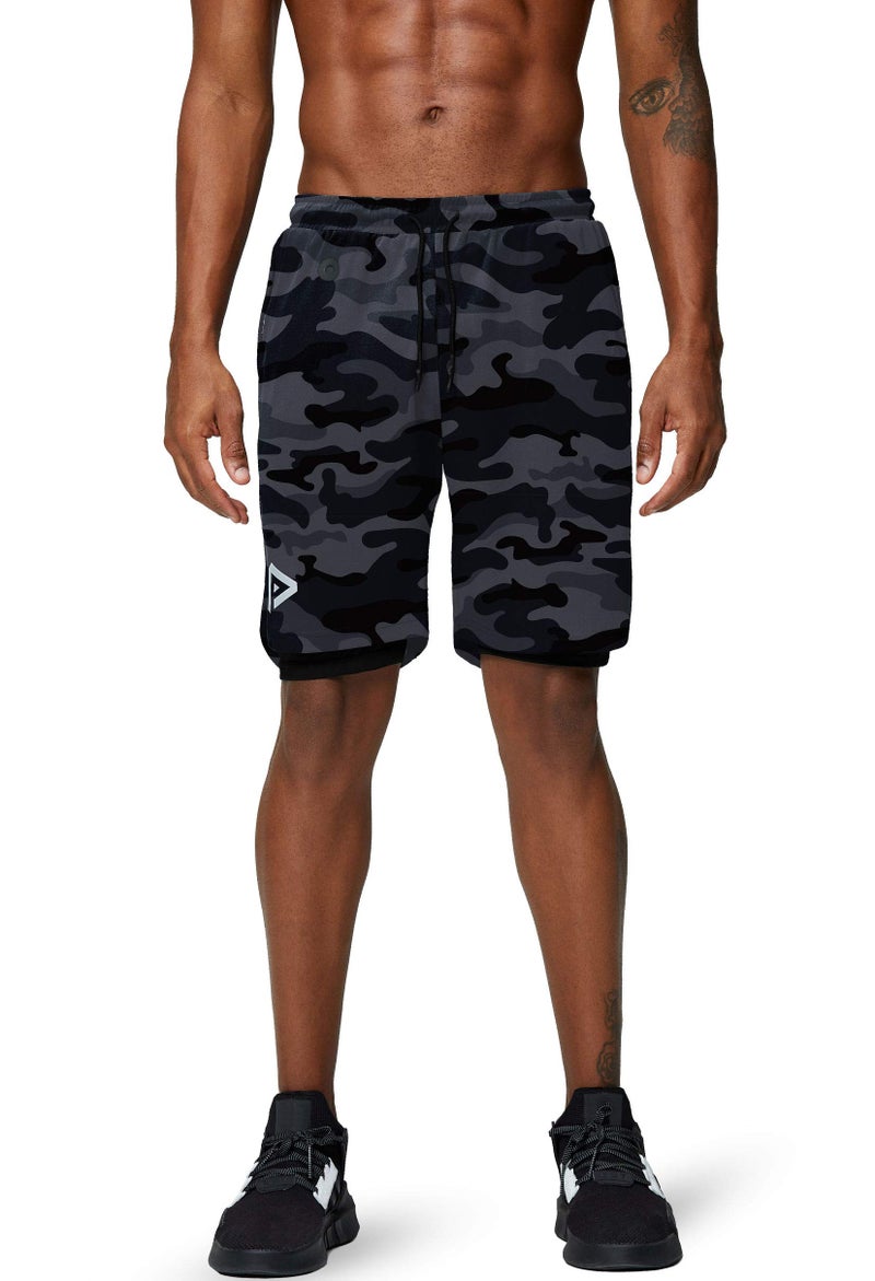 Pinkbomb Men's 2 in 1 Running Shorts Gym Workout Quick Dry Mens Shorts with Phone Pocket (Grey Camo, XX-Large - Image 3